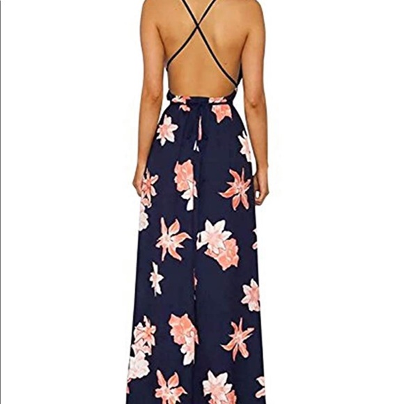 Navy Blue Floral Maxi Dress (Only worn once) - Picture 3 of 7